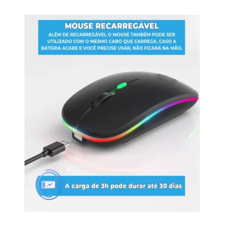 Mouse Sem Fio Recarregável Click Silencioso Led Rgb